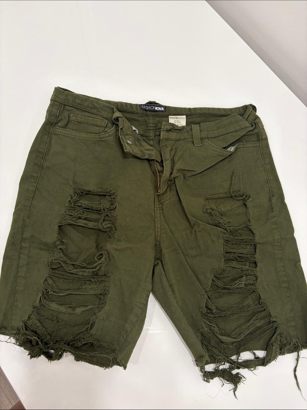 Fashion Nova Olive Green Distressed Denim Shorts